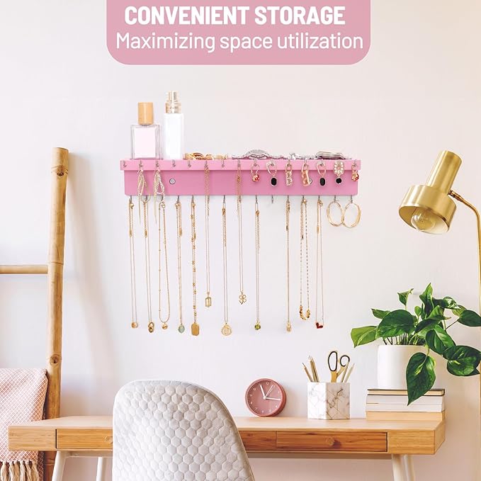 Necklace Holder Organizer Wall Mount,Jewelry Holder Organizer with 30 Hooks,Oak Jewelry Organizer and Storage for Necklaces,Bracelets and Rings (Pink)
