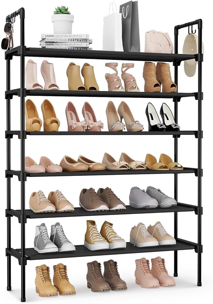 6 Tier Shoe Rack for Closet Shoe Organizer with 5 Hooks, Long Shoe Shelf Storage for Shoe and Boot Stackable Free Standing Shoe Rack for Entryway, Garage, Small Spaces, Dorm, Black