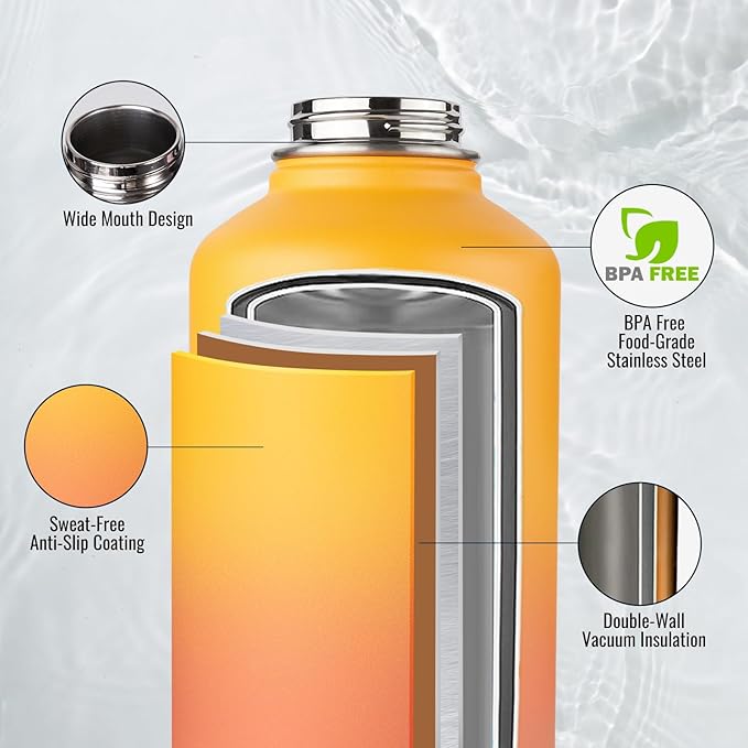 Half Gallon Water Bottle with 2 Lids (Straw & Spout), 304 Stainless Steel Sports Insulated Bottle with Handle, 64 oz Vacuum Double Walled Water Jug with Wide Mouth, BPA Free, Yellow&Orange