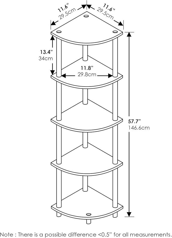 Furinno TURN-N-TUBE Corner Shelf Set of 2, 5-Tier Corner Bookshelf, Open Storage Shelves, for Organization and Storage, Living Room, Home Office, Garage, Espresso