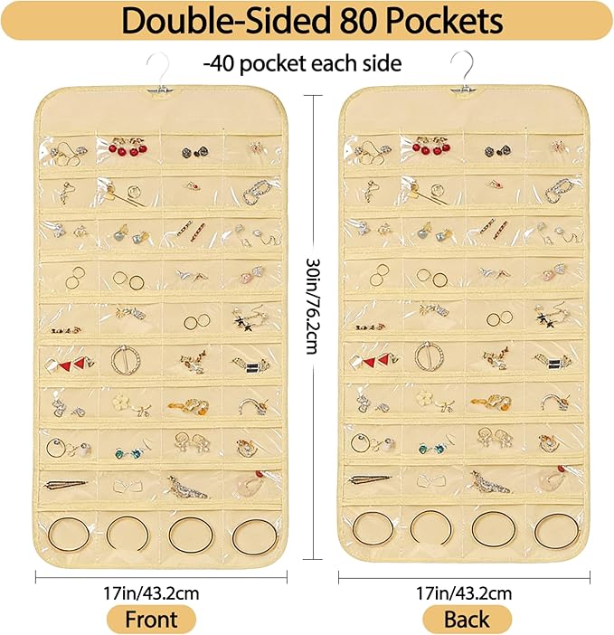 2PCS Hanging Jewelry Organizer with 160 Clear Pockets, 360° Swivel Hook for Double-Sided Jewelry Holder for Earrings, Necklaces, Rings on Closet, Wall, Door, (Black and beige)