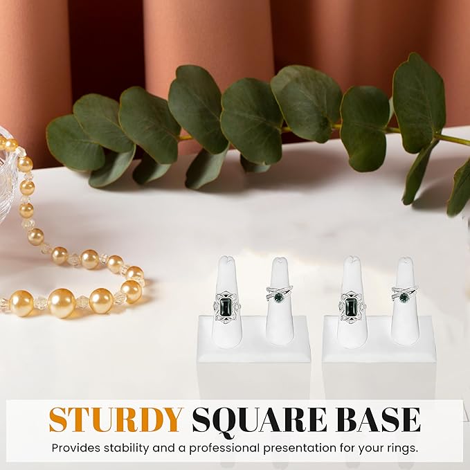 Novel Box 2 Pack White Leatherette Jewelry Double Ring Finger Display Stand 3 5/8 L x 2 1/8 D x2 1/4 H Inches with Square Base - Ring Holder Stand for Selling or Personal Use - Display Stand for Rings