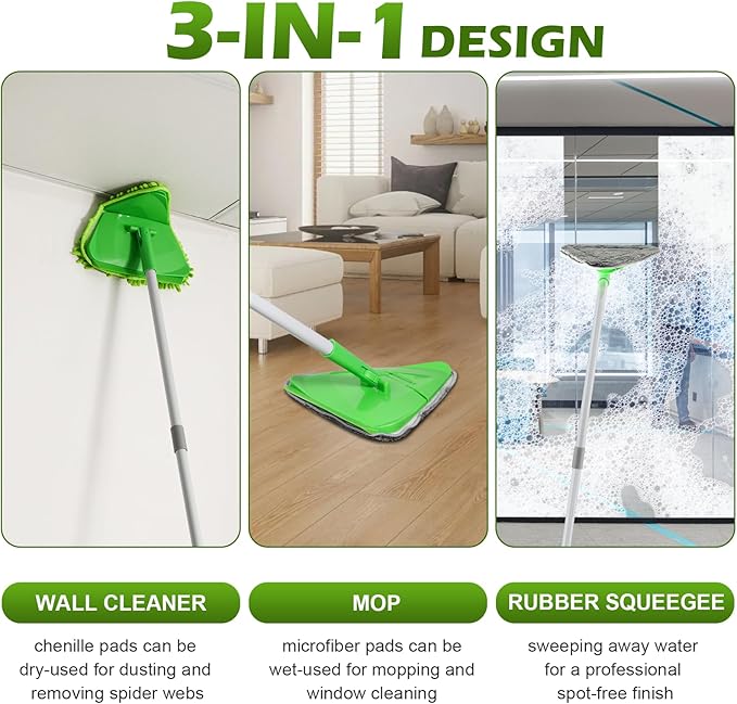 RONSUNG Wall Cleaner Triangle Mop with 82'' Long Handle - Wall Scrubber, Cleaning Washer Tool with 6 Pads for Clean Walls, Ceiling, Windows, Floors, Baseboards (Green)