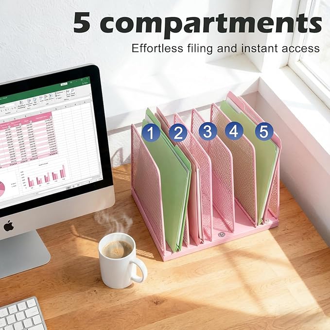 AUPSEN 5-Section Wooden Desktop File Organizer, File Sorter Storage Rack, Vertical File Holder for Office Supplies, Pink