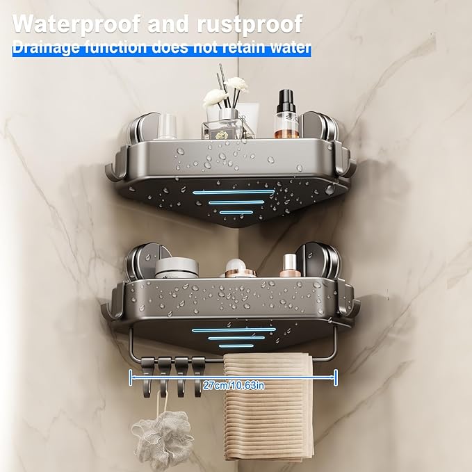 Suction Cup Shower Caddy Corner, 2 Pack Suction Corner Shower Shelves No Drilling, Rustproof Shower Organizer Suction Cup with Towel Holder & Hooks Removable Bathroom Storage Rack(Gray)