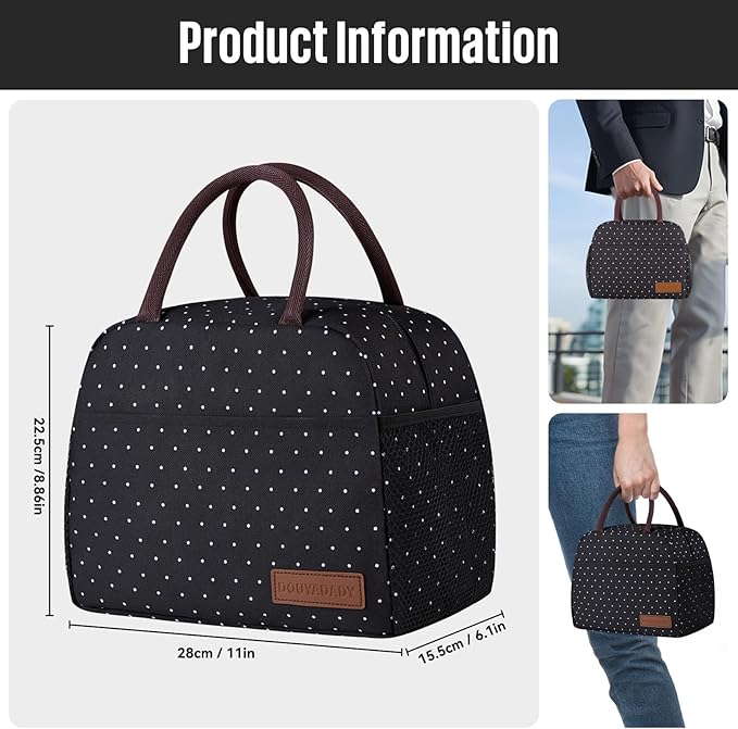 Lunch Bag Women/Men Lunch Box Women/Men (black polka dot)
