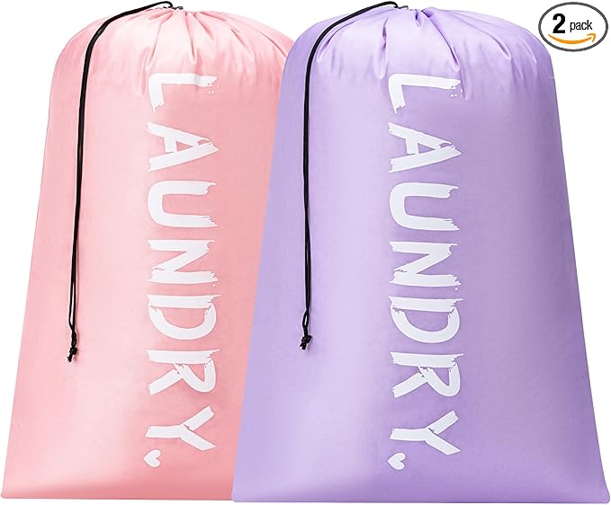 2 Pack 28" x 40"Travel Laundry Bag, Machine Washable Dirty Clothes Organizer with Drawstring,Large Enough to Hold 4 Loads of Laundry, Easy Fit a Laundry Hamper or Basket Travel Essentials