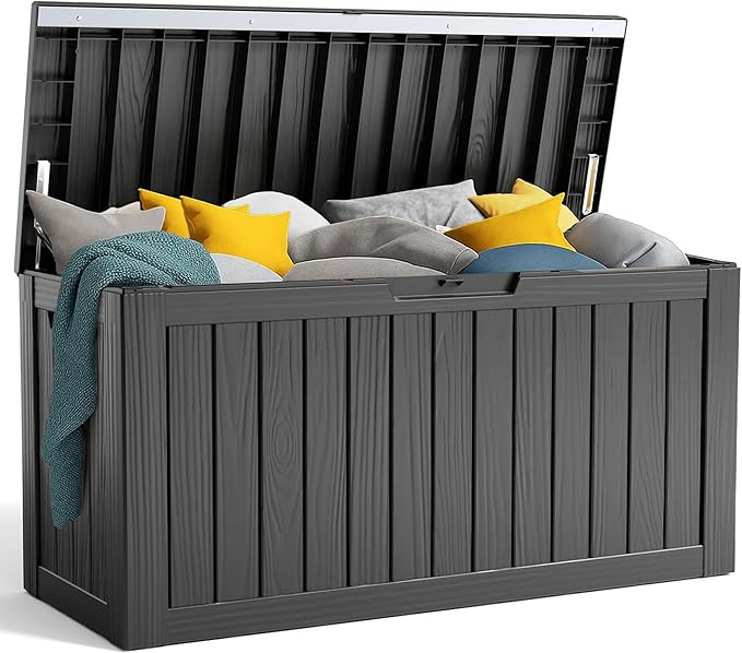280 Gallon Outdoor Deck Box,Waterproof Resin Outdoor Storage Boxes, Outside Storage Lockable Container for Garden Tools,Indooor Cushions,Accessories (Black)
