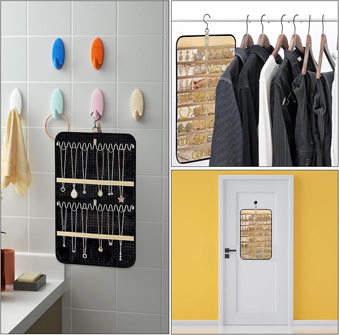 Longzhuo Jewelry Organizer, 2 Sided Necklace Holder, with 360 Degree Rotating Hook, Jewelry Holder for Travel, Earrings, Necklaces, Rings on Closet, Wall, Door, Black (12.99 x 21.65 inches)