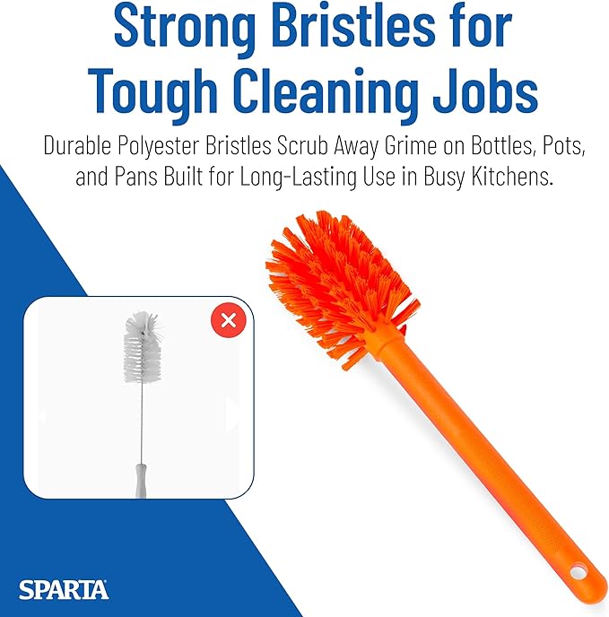 SPARTA Large Water Bottle Brush Ideal for Wide-Mouth Jars, Bottles and Tumblers, Dishwashing Tool with Handle for Home and Commercial Kitchens, Plastic, 12 Inches, Orange, (Pack of 6)
