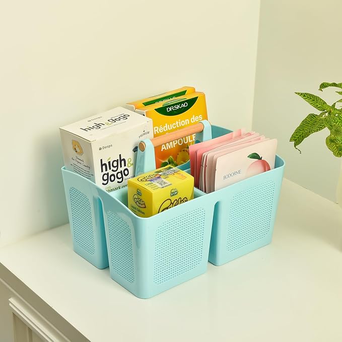ALINK Portable Shower Caddy Basket with Compartments, Plastic Divided Cleaning Caddy Organizer Storage Tote with Handle for Bathroom, College, Dorm Room Essentials, White