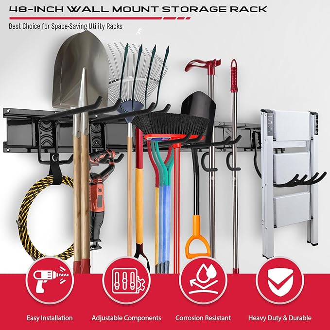 SEDY 48" Heavy Duty Garage Wall Organizer, Wall Mount Tool Storage Rack with Adjustable Hooks, Garden Tool Organizer Hold Up to 300lbs, Easy Installation (8 Hooks, 3 Rails, 3 Straps)