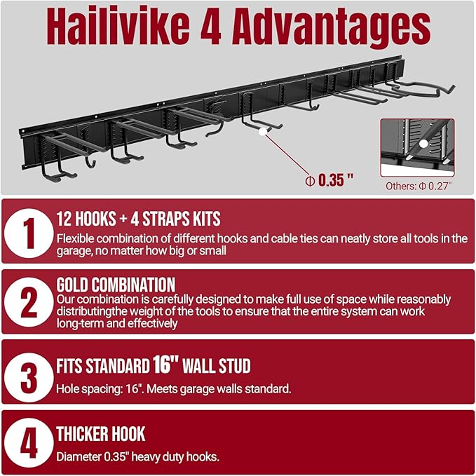 99" Garage Tool Organizer Wall Mount, 8 Multi-Size Hooks & 4 Extension Straps, Heavy Duty Wall Mount Garage Storage Rack, Tool Hanger for Shovels, Rakes, Fits 16" Wall Studs