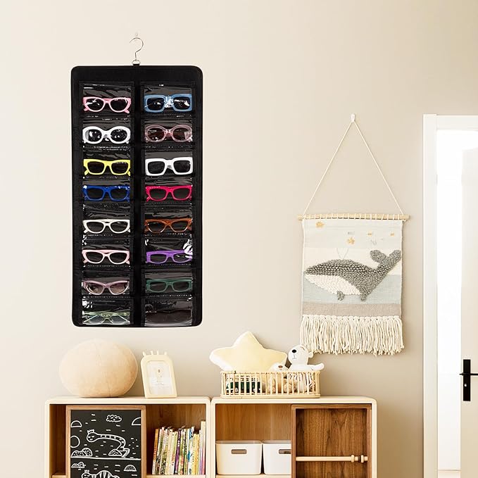 Dual Sided Sunglasses Storage organizer case, Eyeglasses Holder Wall Mounted with 32 Clear Slots & Metal Hook, Dust Proof Sunglasses Storage Case