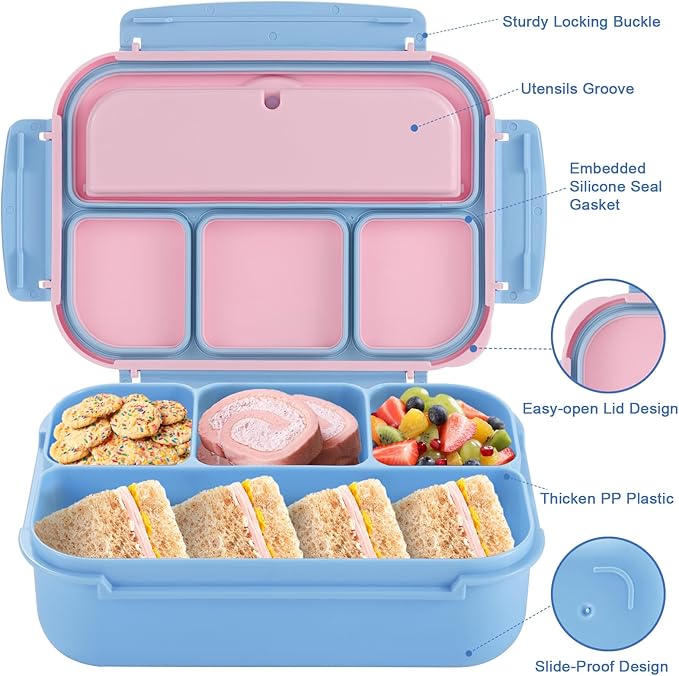 Bento Box Adult Lunch Box, Lunch Containers for Kids Girls Boys with 4 Compartments, Lunchable Food Container with Utensils, Sauce Jar, Muffin Liners, 40 Oz/5 Cup, Blue Pink