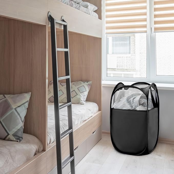 TECHMILLY Pop Up Foldable Laundry Basket, Mesh Laundry Hamper with Reinforced Handles for Dirty Clothes Storage in Dorm, Laundry Room, Bathroom, Black(Fabric)