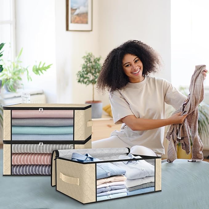 HomeHacks Storage 6-Pack Clothes Organizer Storage Bags Foldable Storage Box with Large Clear Window Sturdy Handles for Closet, Dorm, Pillows, Bedding, Clothes, Blankets, 35L, Beige