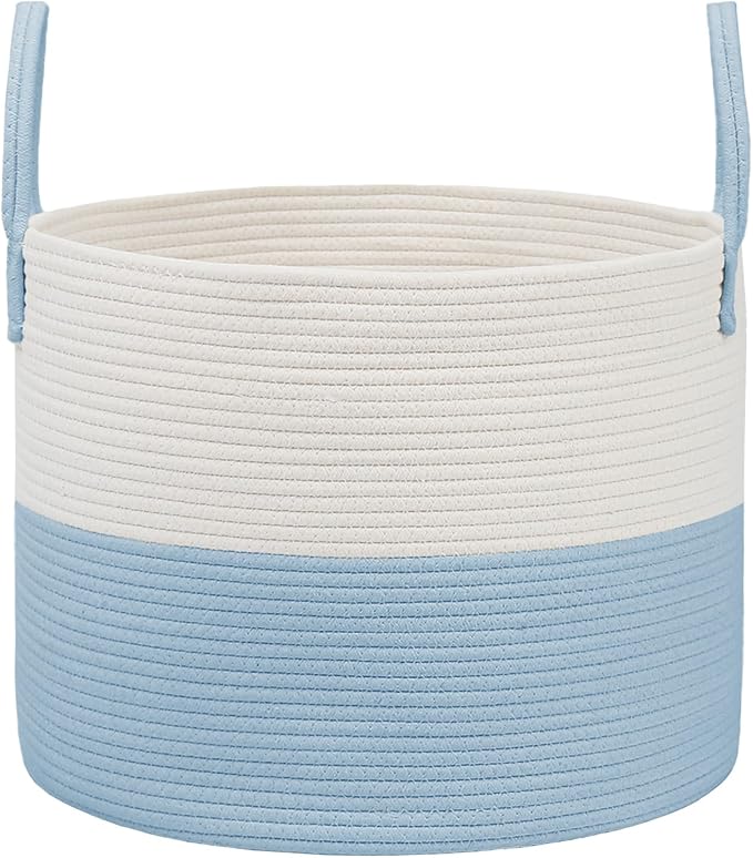 115L Extra Large Blanket Basket for Living Room - Woven Cotton Rope Laundry Hamper with Reinforced Handles - Storage Bin for Pillows, Comforters & Toys - Machine Washable,White&Blue