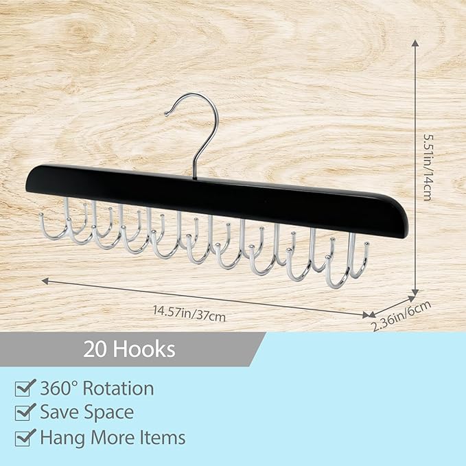 2 Pack Wooden Multi-Functional Belt Hanger with 20 Collapsible Metal Hooks - Closet Belt Organizer, Tie Holder & Belt Hooks for Space Saving, Perfect for Men’s Accessories Storage
