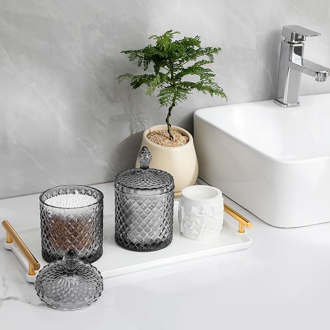 rejomiik 2 Pack Qtip Holder Glass Apothecary Jars with Lid for Bathroom Canisters Dispenser Decor Storage Organizer for Cotton Swabs, Balls, Pads, Floss Picks, Candy, Grey
