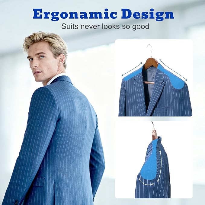 HOUSE DAY Wide Shoulder Wooden Hangers 12 Pack, Wood Suit Hangers for Men with Non Slip Pants Bar, Smooth Finish Solid Wood Coat Hanger for Jacket, Pants, Dress, Heavy Clothes Hanger (Walnut)