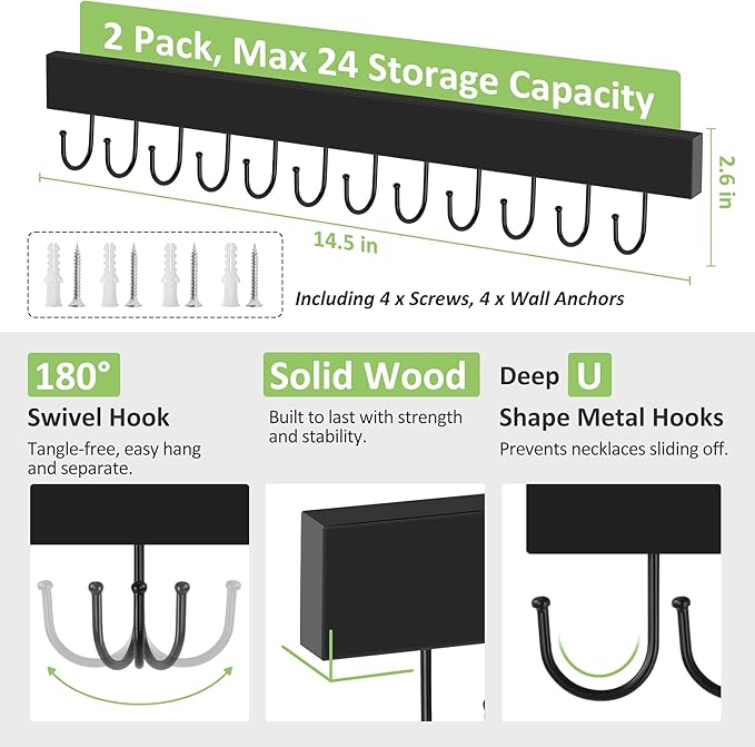 2 Pack Necklace Holder Wall Mounted, Hanging Jewelry Organizer with 24 Hooks Wooden Wall Necklace Hanger for Jewelry Storage, Black