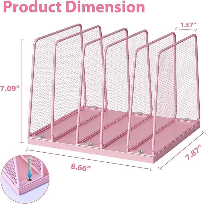Small Desk File Organizer, 5-Section Upright File Sorter, Vertical File Folder Holder, Mesh Metal Wood Office Desktop Organization for Document, Magazine, Books and more (Pink)