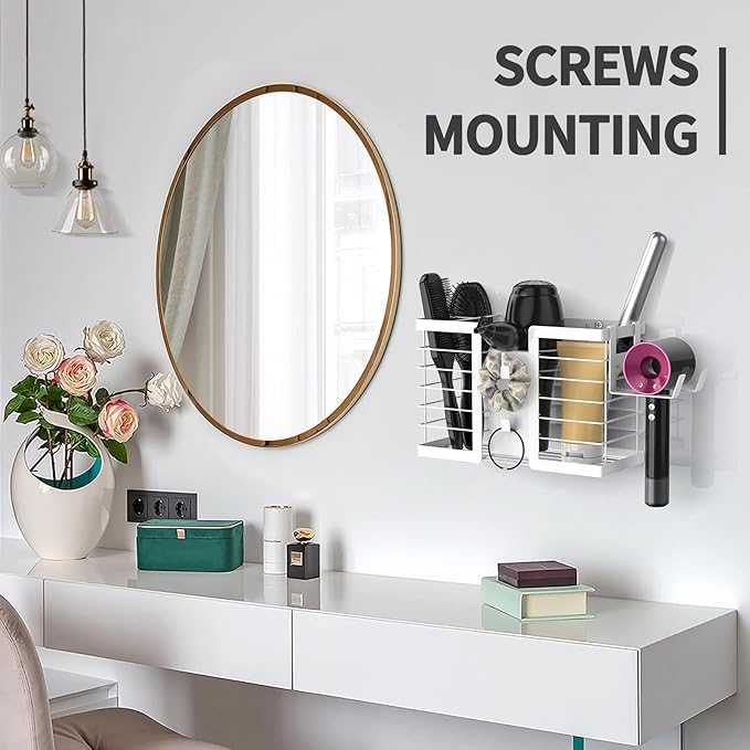 FUNKYLEE Bathroom Organizers and Storage, 3 in 1 Metal Wall Mount for Flat Iron, Curling Iron, Straightener, Hair Care & Styling Tools (White)