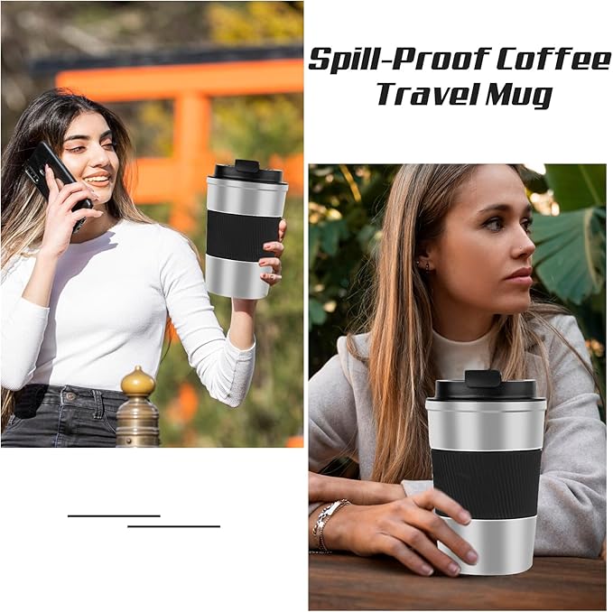 Vacuum-Insulated Stainless Steel Travel Coffee Mug, Leak-Proof Reusable Coffee Cup with Lid-Keep Hot & Cold Drinks for Hours, Durable Insulated Tumbler for Men & Women(3rd-Silver black, 12OZ)