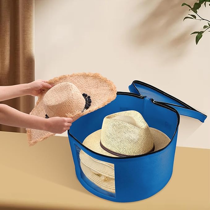 Large Hat Storage Box for Women & Men, 16" D x 10" H Hat Box Organizer，Foldable Round Travel Hat Boxes with Dustproof Lid, Stuffed Toy Storage Bin Bag (Ultramarine Blue)