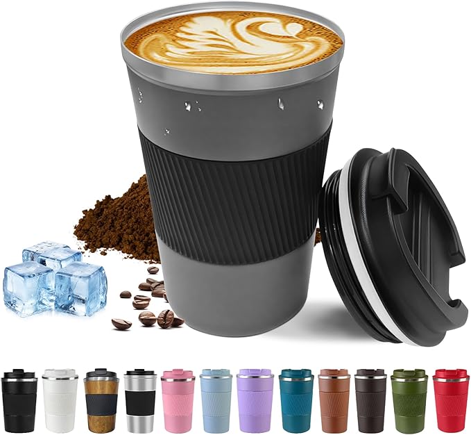Vacuum-Insulated Stainless Steel Travel Coffee Mug, Leak-Proof Reusable Coffee Cup with Lid-Keeps Drinks Hot & Cold for Hours, Durable Double Wall Tumbler for Men & Women (3rd-Grey, 17OZ)