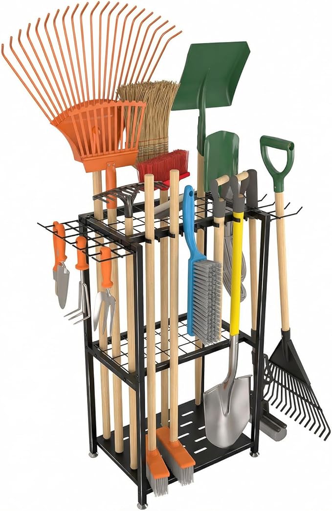 Garden Tool Organizer, 3-Tier Metal Yard Tool Rack with 14 Hooks & 5 Slots, Holds 50+ Rakes/Shovels/Brooms, Heavy Duty Freestanding Lawn Tool Storage for Garage Shed Outdoor Organization