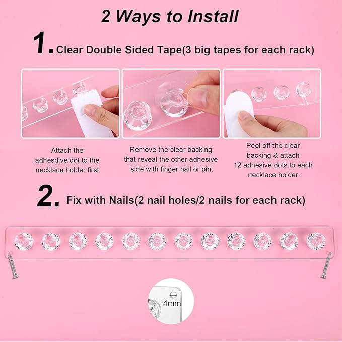 2Pcs Wall Necklace Holder for Women, Hanging Jewelry Organizer Wall Mount Crystal Holder Necklace Wall Hanger, Acrylic Bracelet Holder Organizer Jewelry Rack Adhesive Hooks Necklace Storage
