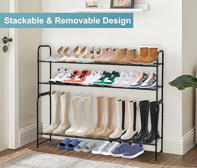 AOODA Long 2 Tier Shoe Rack for Closet Metal Wide Stackable Shoe Storage Organizer for Entryway, Bedroom, Floor, 18-Pairs Low Shoe Shelf, Black
