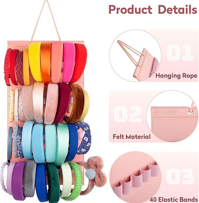 Hanging Headband Holder Organizer with 40 Elastic Loops Display Rack Wall Mounted for Home Women, Pink