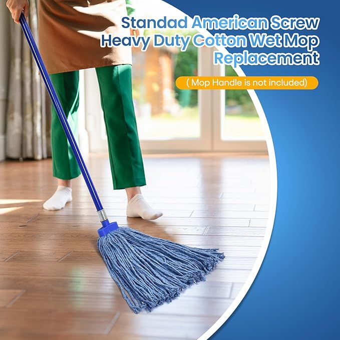 Matthew Cleaning Screw-on Heavy Duty Cotton Wet Mop Replacement Heads(Blue, Medium,3Pack) for Residential & Commercial Floor Cleaning Use- Fit Standard American Screw