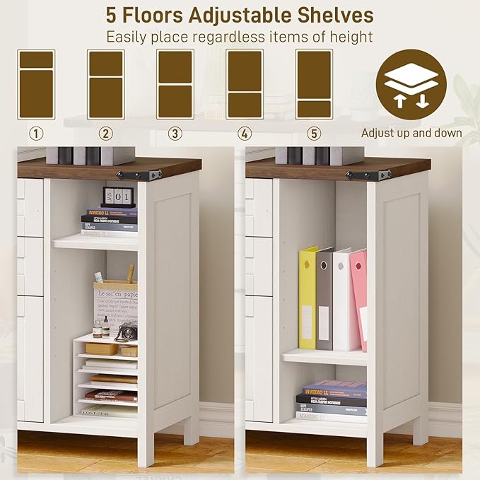 3 Drawer File Cabinet, Farmhouse Lateral Filing Cabinet Fits File Letter or A4 Size, Wooden Printer Stand with Open Storage Adjustable Shelf for Home Office, White