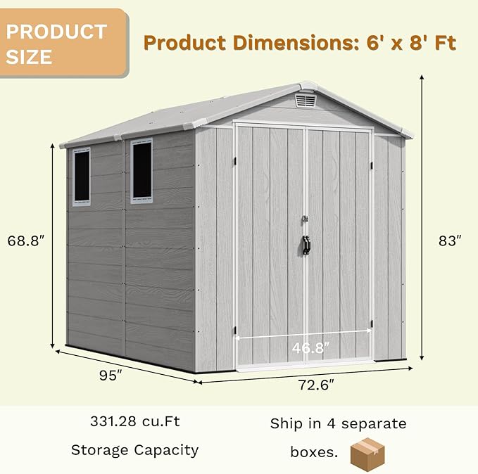 Devoko 6x8 FT Resin Storage Shed with Floor, Outdoor Plastic Garden Shed with Window, Waterproof Tool Storage Shed with Lockable Door for Backyard, Patio, Lawn, Light Gray