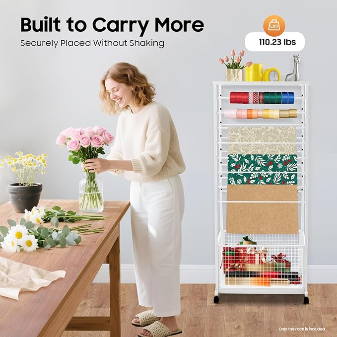 Ribbon Organizer Rack, Double Sided 16-Tier Ribbon Holder Organizer Rack, Flower Wrapping Paper Storage Stand, Scarf Tie Belt Towel Display Shelf Sewing Station Cart (White)