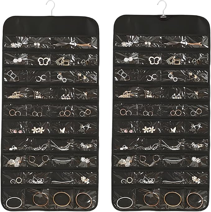 2 Pack Jewelry Hanging Organizer 80 Pocket with Hanger Hook, Double Sided Hanging Wall Jewelry Holder for Closet, Over Door Necklace Earring Storage Roll Bag for Women Ring Bracelet, Black