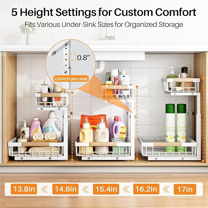 PXRACK Under Sink Organizer, Adjustable Height, 2-Pack 2 Tier Pull Out Under Cabinet Organizer, Slide Out Thickened Metal Under Sink Storage for Kitchen Bathroom Laundry Pantry Cabinet, S, White