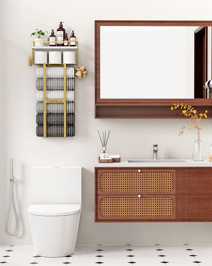 Towel Racks for Bathroom - Wall Mounted Metal Rack with Wood Plank, Bathroom Storage Organizer, Towel Holder Stores 6 Large Rolled Towels Easily, Gold and Size XL 31"
