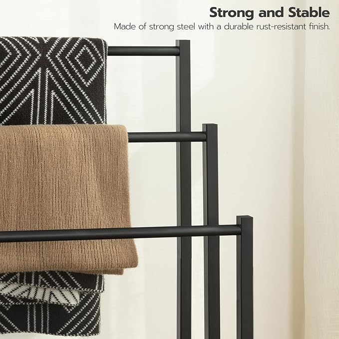 HOOBRO Free Standing Towel Rack, 3 Tier Blanket Rack, Blanket Holder for Bathroom, 16.9" L x 11" W x 31.9" H, Industrial Metal Drying and Display Rack with Shelf, Rustic Brown and Black BF03LB01
