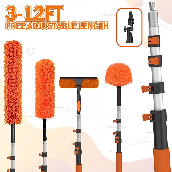 20FT High Reach Duster Cleaning Kit with Extension Pole, High Ceiling Fan Cleaner Duster Tool for Fan Blades, Window Washing Kit with Microfiber Feather Duster & Window Squeegee & Bucket