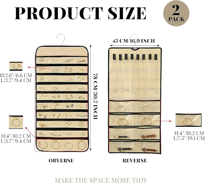 2 Pack Jewelry Hanging Organizer 48 Pocket with Hanger Hook, Double Sided Hanging Wall Jewelry Holder for Closet, Over Door Necklace Earring Storage Roll Bag for Women Ring Bracelet, Beige
