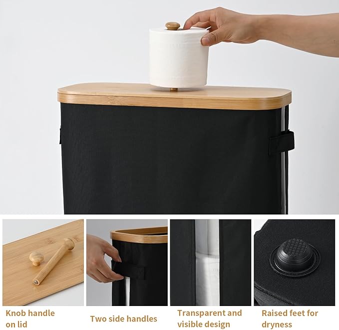 32L Bathroom Toilet Paper Storage Basket with Lid and Handle - Mega Capacity， Bamboo Collapsible Toilet Paper Holder Storage with Non-Slip Bottom, Extra Toilet Roll Storage, Starry Black，1 Pack