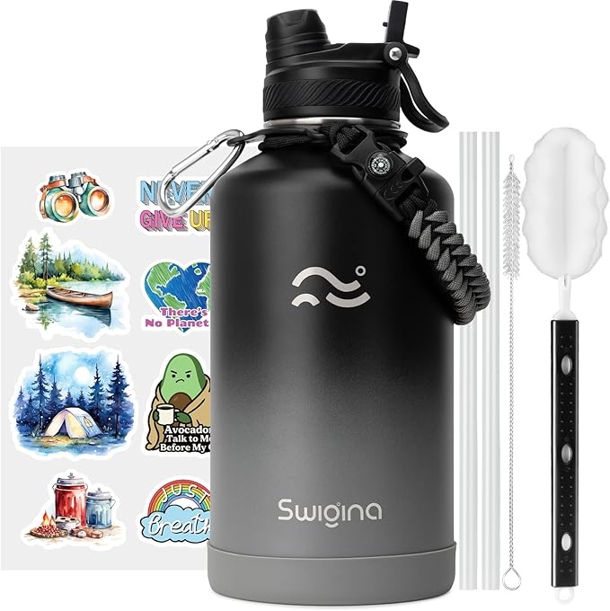 [2-IN-1 LID] 64 oz Insulated Water Bottle with Silicone Boot (48hrs Cold/24hrs Hot) - DIY Stickers, Leakproof, BPA Free, Half Gallon