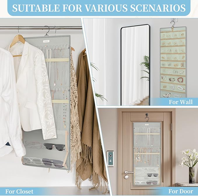 GMAK Hanging Jewelry Organizer with Hanger Metal Hooks, Double-Sided Jewelry Holder Accessories Organizer Storage Roll for Jewelry, Earrings, Bracelets, Necklaces, Rings - Light Grey
