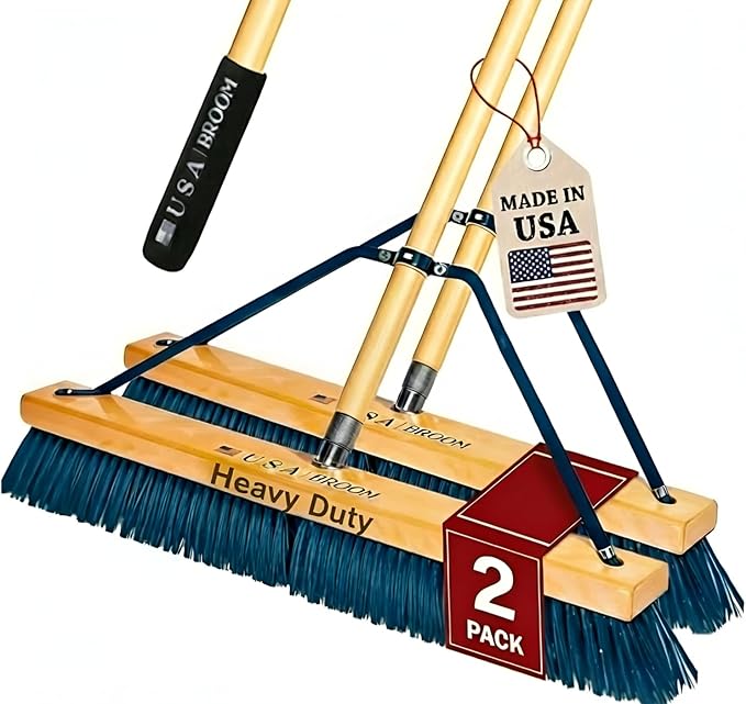 2-Pack - 36" Heavy Duty Outdoor Push Broom with 60" Handle. Ideal for Asphalt, Concrete & Heavy Debris. Durable American Made Steel Brackets-Stainless Steel Hardware. No Plastic. 100% USA Made
