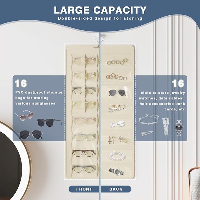 Hanging Sunglasses Organizer and Storage, Dual-Sided Sunglasses Case and Jewelry Holder, Wall-Mounted, 32 Clear Slots, Dust-Proof, Roof Design for Travel, Beige